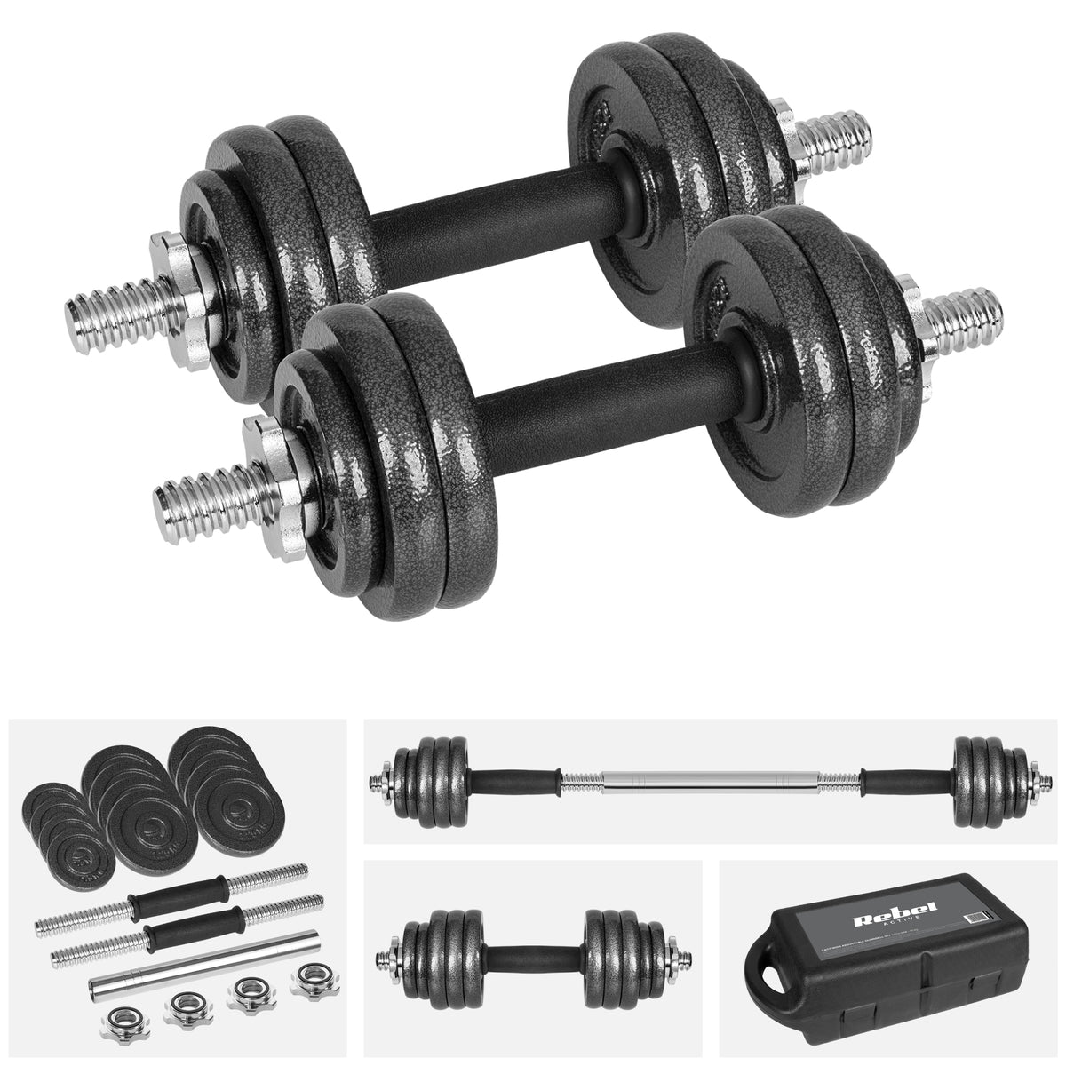 Rebel Active Hantle żeliwne regulowane w walizce z gryfem, zestaw 15kg