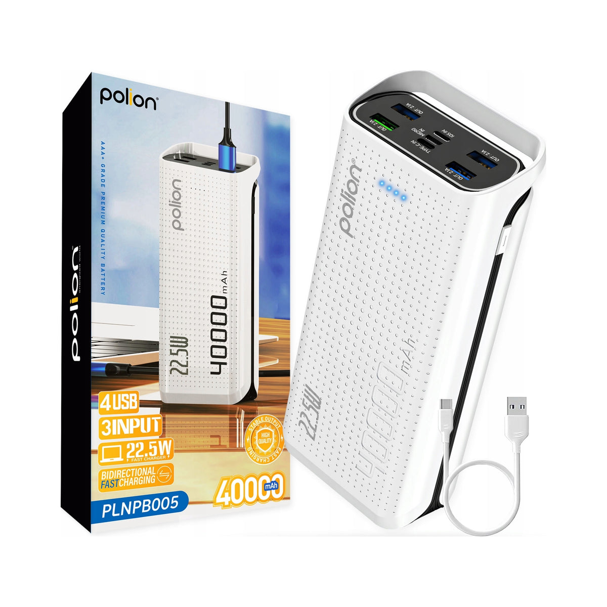 Powerbank POLION 22.5W 40000mAh USB-C USB-A PD 3.0 QC 3.0 Kabel